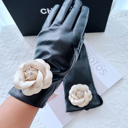 Guanti casual in pelle PU e pelo con fiore da donna - Guanti donna ATREND