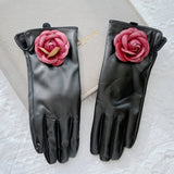Guanti casual in pelle PU e pelo con fiore da donna - Guanti donna ATREND