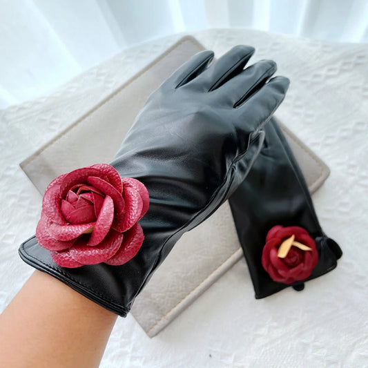 Guanti casual in pelle PU e pelo con fiore da donna - Guanti donna ATREND