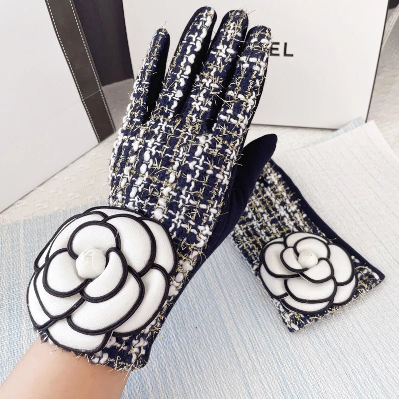 Guanti trendy in lana a strisce con fiore da donna - Guanti donna ATREND