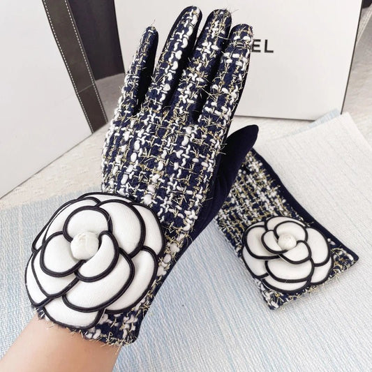 Guanti trendy in lana a strisce con fiore da donna - Guanti donna ATREND