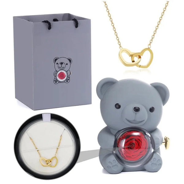 Idea regalo portagioie a forma di orsacchiotto con collana e fiore artificiale ideale per ogni occasione ATREND
