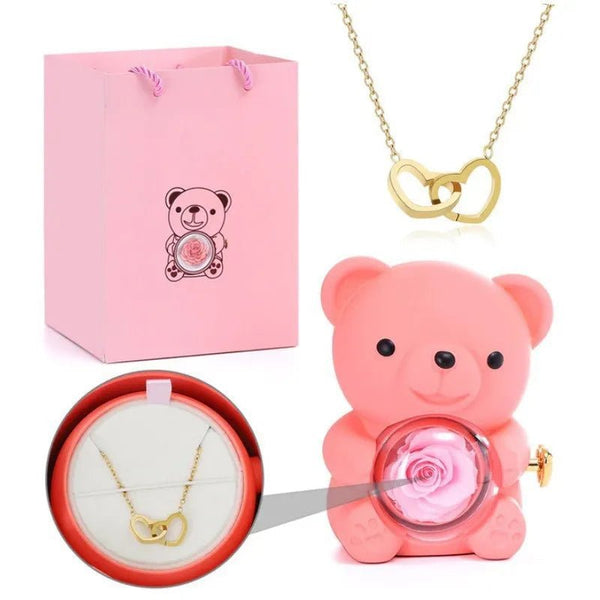 Idea regalo portagioie a forma di orsacchiotto con collana e fiore artificiale ideale per ogni occasione ATREND