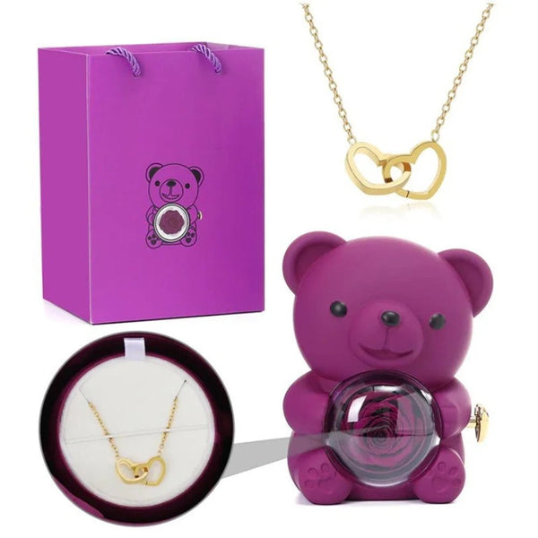 Idea regalo portagioie a forma di orsacchiotto con collana e fiore artificiale ideale per ogni occasione ATREND