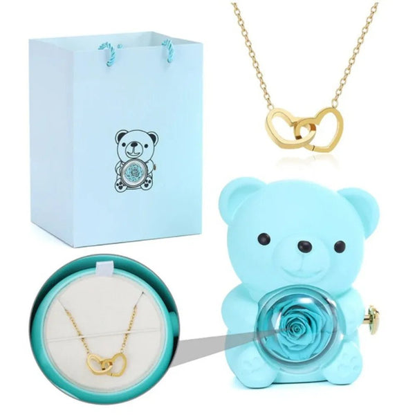 Idea regalo portagioie a forma di orsacchiotto con collana e fiore artificiale ideale per ogni occasione ATREND