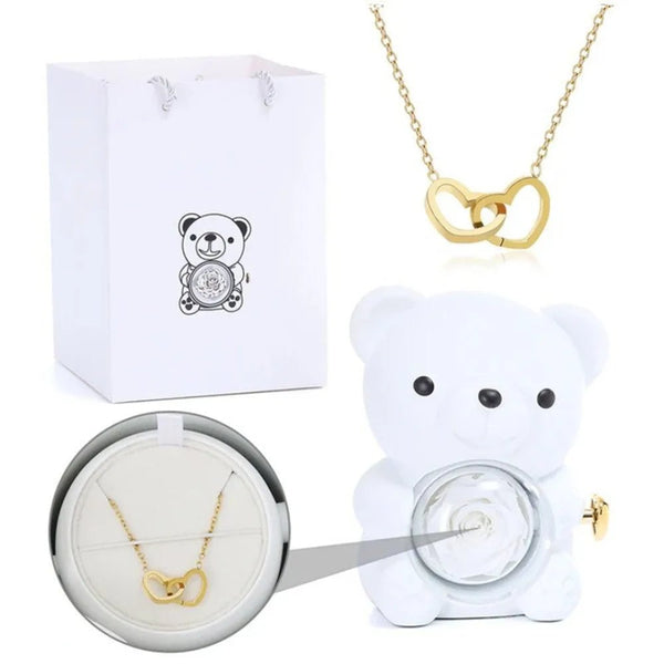 Idea regalo portagioie a forma di orsacchiotto con collana e fiore artificiale ideale per ogni occasione ATREND