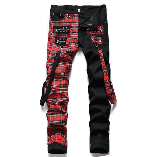 Jeans patchwork a righe scozzesi da uomo ATREND