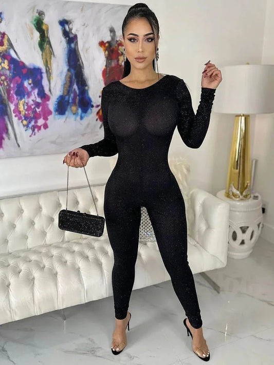 Jumpsuit a maniche lunghe scavata con brillantini da donna ATREND