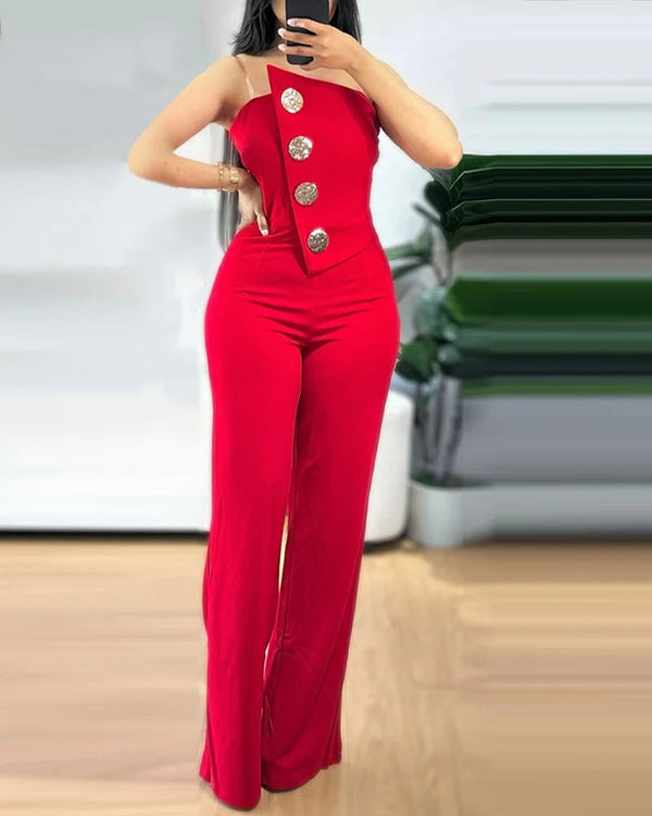 Jumpsuit casual a fascia asimmetrica senza spalline con bottoni in metallo da donna ATREND