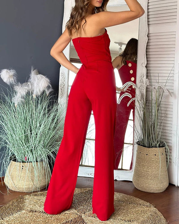 Jumpsuit casual a fascia asimmetrica senza spalline con bottoni in metallo da donna ATREND