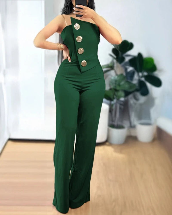 Jumpsuit casual a fascia asimmetrica senza spalline con bottoni in metallo da donna ATREND