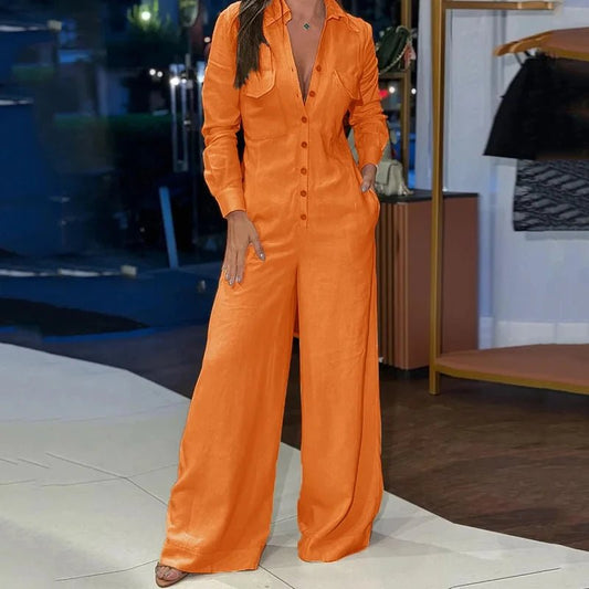 Jumpsuit casual a maniche lunghe con bottoni e gamba larga da donna - Jumpsuit donna ATREND