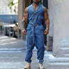 Jumpsuit in denim senza maniche con bottoni e cintura in vita da uomo ATREND