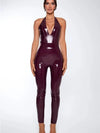 Jumpsuit in pelle PU con scollo profondo a V da donna ATREND
