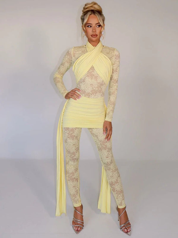 Jumpsuit patchwork in pizzo trasparente con volant drappeggiati da donna ATREND