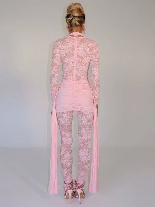 Jumpsuit patchwork in pizzo trasparente con volant drappeggiati da donna ATREND
