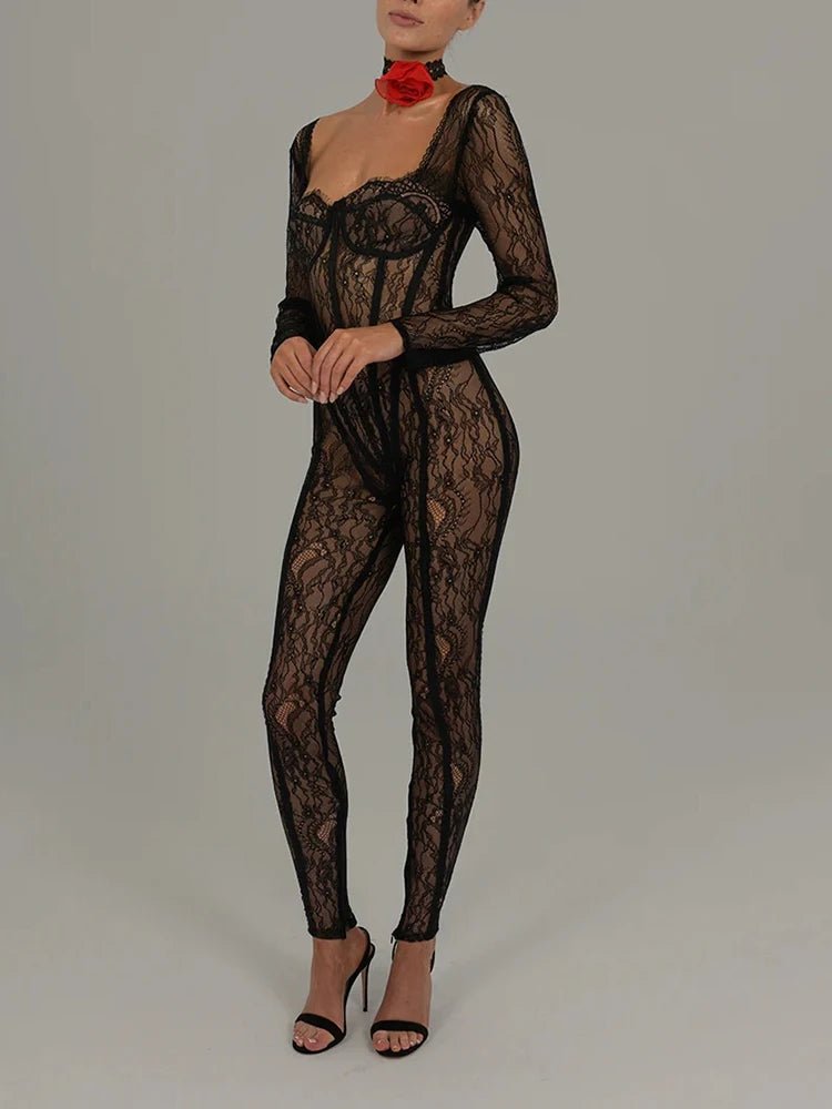 Jumpsuit trasparente in pizzo con bordo a contrasto da donna - Jumpsuit donna ATREND
