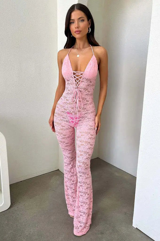 Jumpsuit trasparente in pizzo con lacci da donna - Jumpsuit donna ATREND