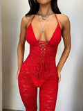 Jumpsuit trasparente in pizzo con lacci da donna - Jumpsuit donna ATREND