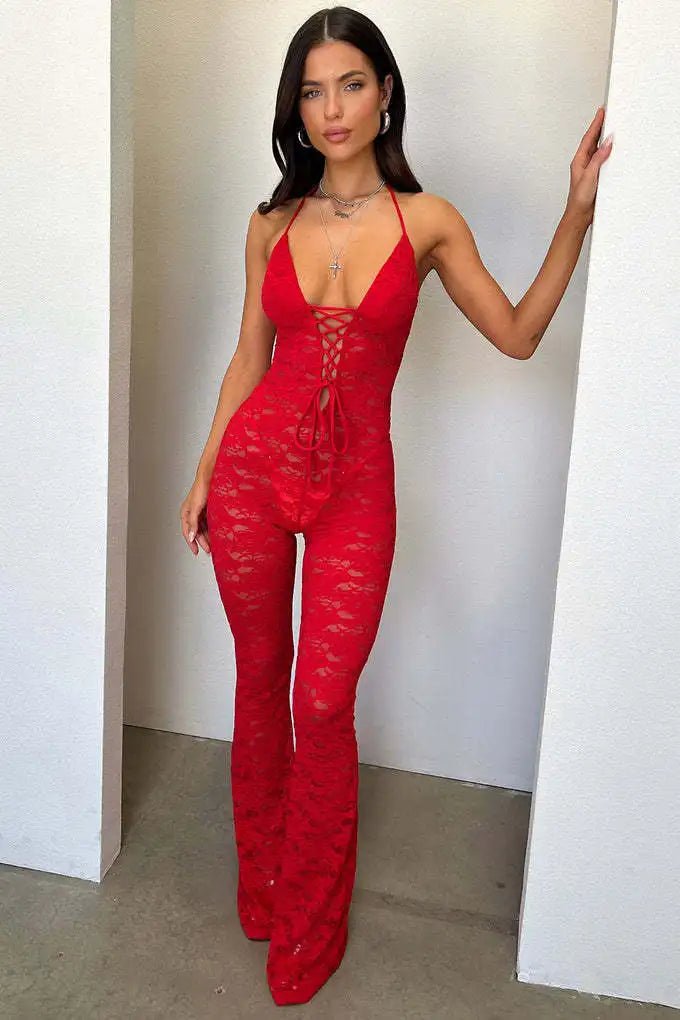 Jumpsuit trasparente in pizzo con lacci da donna - Jumpsuit donna ATREND