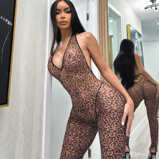 Jumpsuits senza maniche scavata in stampa leopardata da donna ATREND