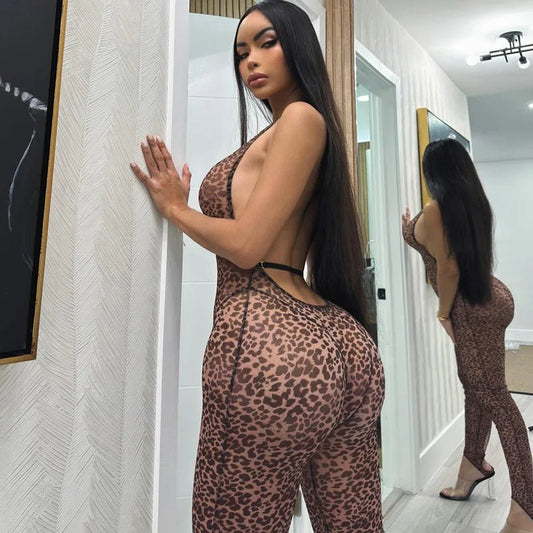 Jumpsuits senza maniche scavata in stampa leopardata da donna ATREND