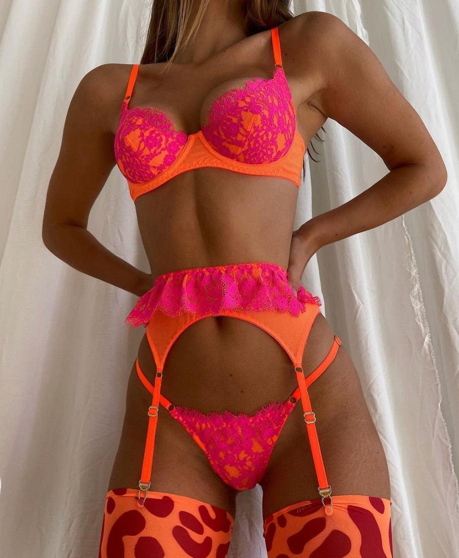 Lingerie patchwork reggiseno perizoma & giarrettiera fluo da donna - intimo lingerie ATREND