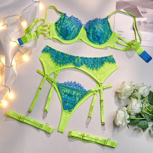 Lingerie patchwork reggiseno perizoma & giarrettiera fluo da donna - intimo lingerie ATREND