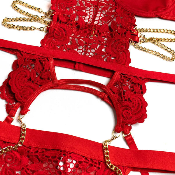 Lingerie reggiseno con giarrettiera e perizoma con catena da donna ATREND