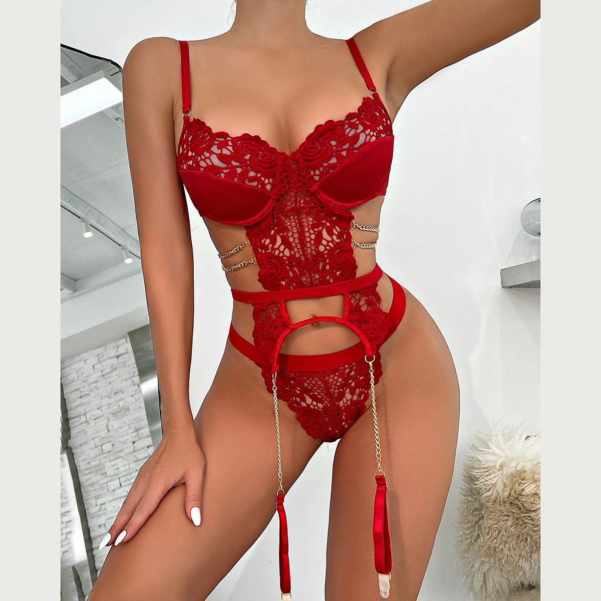 Lingerie reggiseno con giarrettiera e perizoma con catena da donna - intimo lingerie ATREND