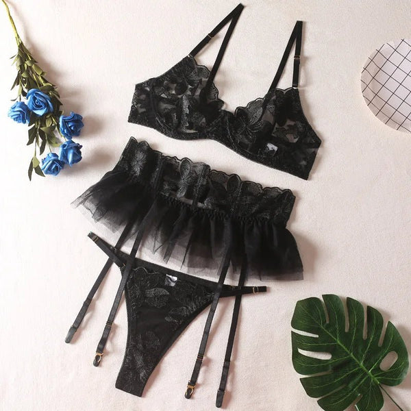 Lingerie reggiseno perizoma e giarrettiere patchwork da donna ATREND