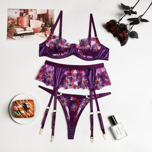 Lingerie reggiseno perizoma floreale & giarrettiere da donna - intimo lingerie ATREND