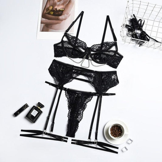 Lingerie reggiseno perizoma in pizzo & giarrettiera da donna - intimo lingerie ATREND