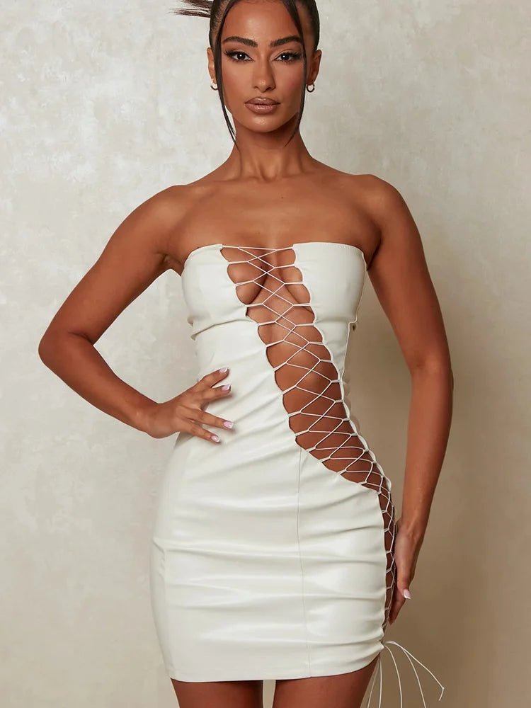 Mini abito a fascia in pelle PU scavato da donna - Abiti ATREND