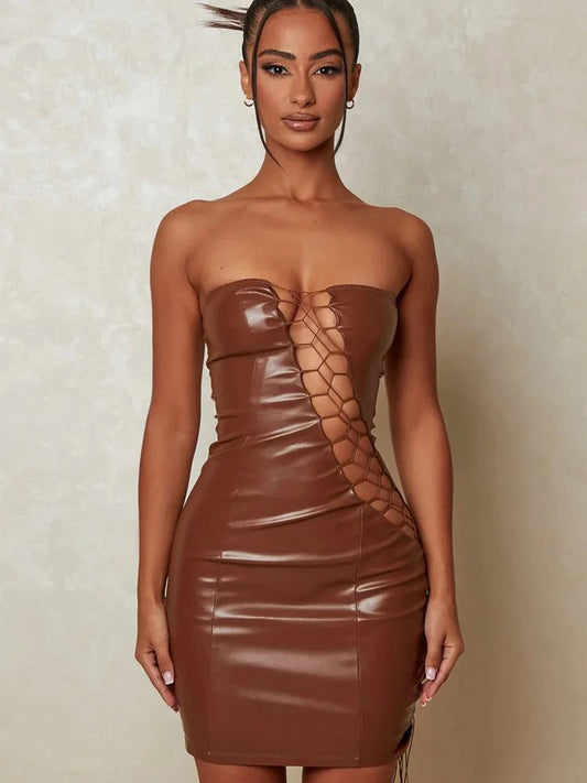 Mini abito a fascia in pelle PU scavato da donna - Abiti ATREND