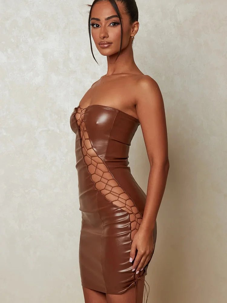 Mini abito a fascia in pelle PU scavato da donna - Abiti ATREND