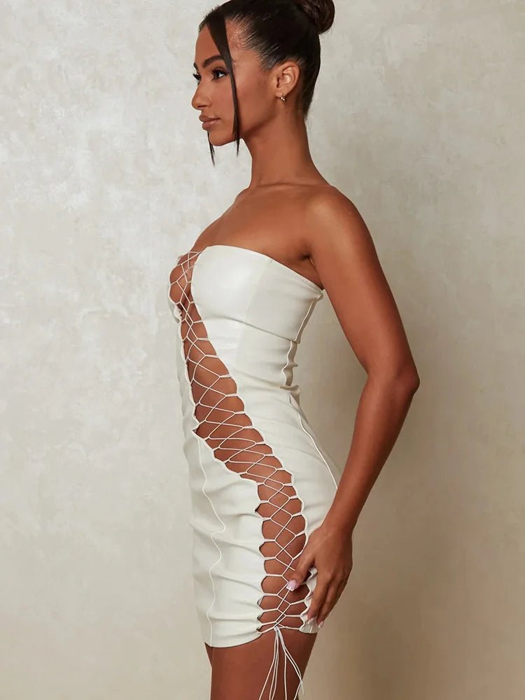 Mini abito a fascia in pelle PU scavato da donna - Abiti ATREND