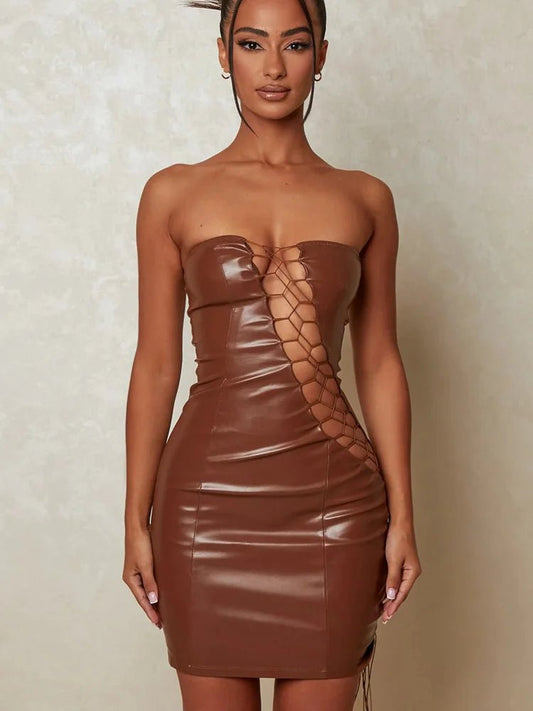 Mini abito a fascia in pelle PU scavato da donna - Abiti ATREND