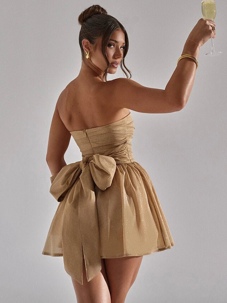Mini abito con brillantini senza maniche plissettato con fiocco da donna ATREND