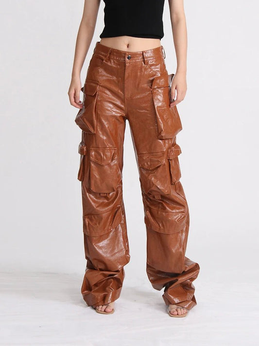 Pantaloni casual multi tasche in pelle PU da donna ATREND