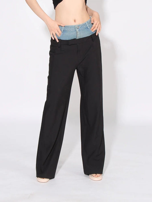 Pantaloni patchwork a vita alta in denim da donna ATREND