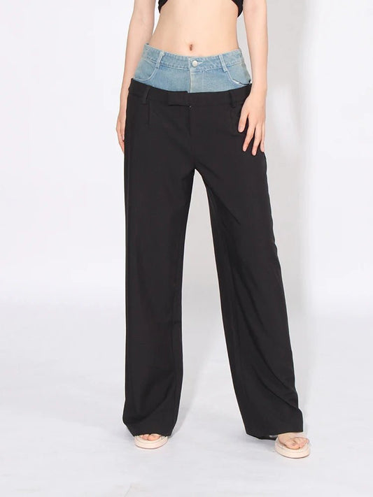 Pantaloni patchwork a vita alta in denim da donna ATREND