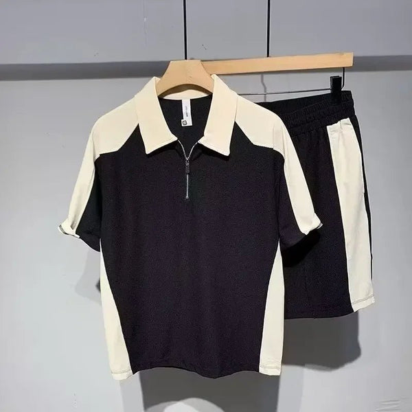 Set coordinato bicolor estivo polo a maniche corte chiusura a zip e pantaloncino da uomo ATREND