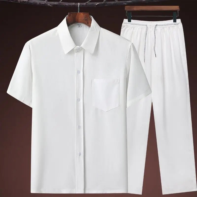 Set coordinato in lino camicia e pantaloni chiusura a lacci da uomo - set coordinato ATREND