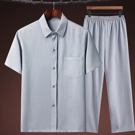 Set coordinato in lino camicia e pantaloni chiusura a lacci da uomo - set coordinato ATREND