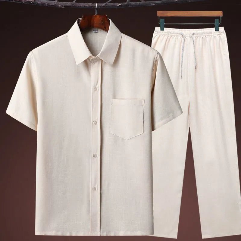 Set coordinato in lino camicia e pantaloni chiusura a lacci da uomo - set coordinato ATREND