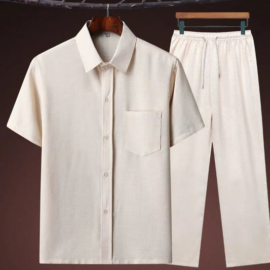 Set coordinato in lino camicia e pantaloni chiusura a lacci da uomo - set coordinato ATREND