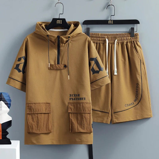 Set coordinato maglietta con cappuccio tasche e pantaloncini da uomo - set coordinato ATREND