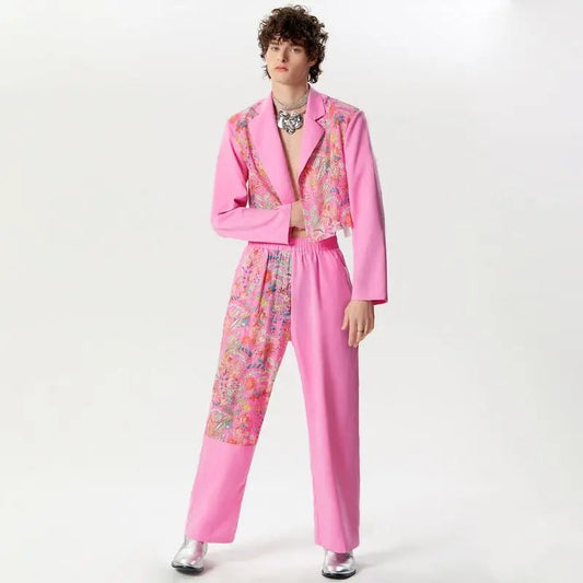 Set coordinato patchwork giacca e pantaloni stampa a fiori da uomo - set coordinato ATREND
