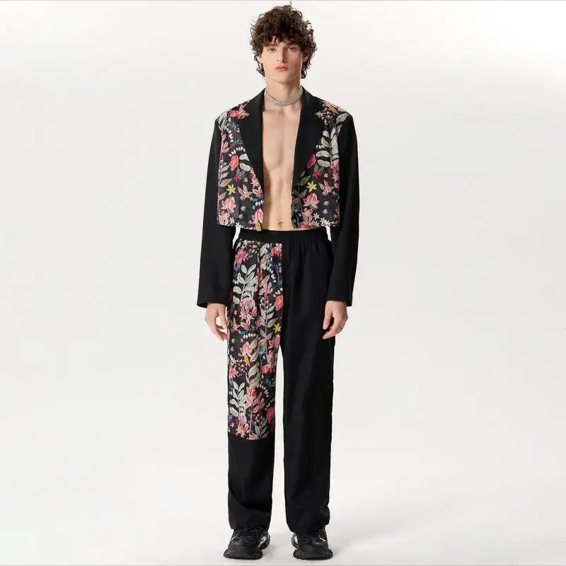 Set coordinato patchwork giacca e pantaloni stampa a fiori da uomo - set coordinato ATREND